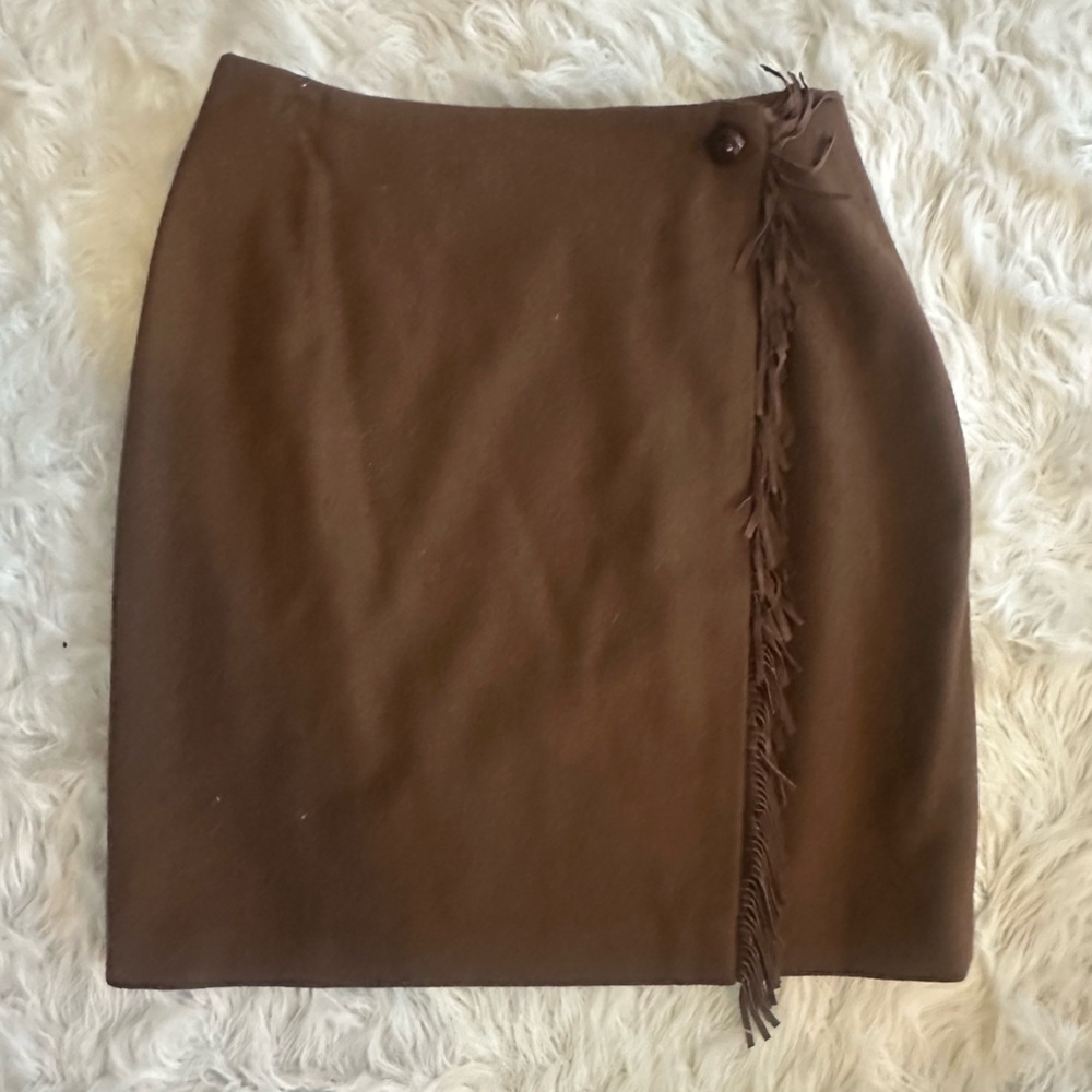 Vintage brown wrap skirt with button and fringe detail. David Eliot size medium